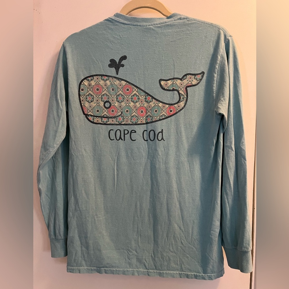 Women’s Cape Cod Whale Long Sleeve T-Shirt Light Blue Distressed Size Small